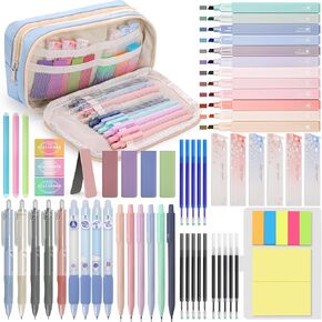 61 PCS Aesthetic School Supplies with Cute Pencil Case, Pastel Highlighters, Gel & Erasable Pens, Mechanical Pencils, Refills, Bookmarks, Complete Essentials Stationery Kit for Students