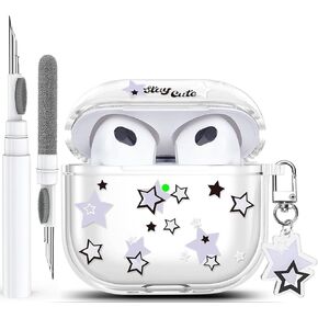 Clear Case متوافق مع غطاء حالة AirPods 3 ، غلاف حالة الحماية في Wonjury مع سلسلة المفاتيح متوافقة مع جيل AirPods 3 (2021 تم إصداره) ، LED الأمامي المرئي ، Moon Star