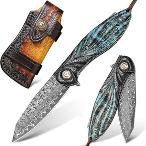 Damascus Steel Folding Knife，3" blades Men's and Women's Pocket Knife，With cowhide sheath and pocket clip，Vintage Carved Decoration，Liner lock construction，Non-slip wooden handle，Great for camping adventures, fishing and hunting, EDC knives, gifts