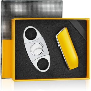 Cigar Torch Lighters with Cutter Set Triple Jet Flame Lighter with Punch Butane Torches Refillable Lighter for Men (Without Gas) (Yellow)