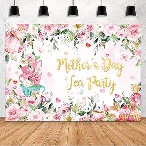 MEHOFOND 7x5ft Mother's Day Tea Party Backdrop Pink Floral Mother's Day Photography Background Mother's Day Tea Party Theme Decorations Banner Pink Tea Cup Mother's Day Party Photo Booth Backdrop