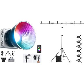 NEEWER HB80C RGBWW LED Video Light with 100W PD Fast Charging, 80W Mini RGB COB Continuous Output Lighting Bowens Mount Handheld Spotlight 2500K-7500K 10500lux/m, NK005 T Shape Backdrop Stand Included