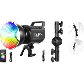 NEEWER FS150C 130W RGB LED Video Light, 2500-7500K 19800lux/1m COB Continuous Lighting Output with 4 Dimming Curves, Bowens Mount Spotlight for Studio Shoots, UA039 Camera Flash Bracket Mount Included