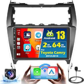2+64G Hikity Android 13 Car Radio for Toyota Camry 2012 2013 2014 Wireless CarPlay Android Auto, 10.1'' Touch Screen Stereo GPS WiFi Bluetooth FM RDS SWC Backup Camera Mic