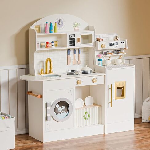JOYMOR Kids Play Kitchen Sets, Toddler Kitchen w/Kitchen Sink & Ample Play Kitchen Accessories, Ideal for Creative Pretend Play for Children 3-10 (Cream&Gold) in Saudi Arabia