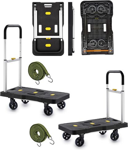 Folding Hand Truck, 330 Lbs Foldable Hand Truck Dolly Cart Heavy Duty Collapsible Trolley Portable Platform Luggage Cart with 5 Wheels & 2 Elastic Ropes for Moving, Shopping, Travel, Home, Office Use in Saudi Arabia