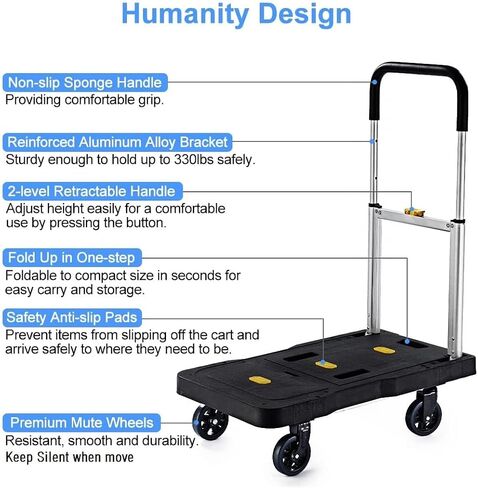 Folding Hand Truck, 330 Lbs Foldable Hand Truck Dolly Cart Heavy Duty Collapsible Trolley Portable Platform Luggage Cart with 5 Wheels & 2 Elastic Ropes for Moving, Shopping, Travel, Home, Office Use in Saudi Arabia