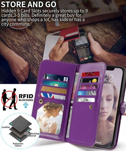 Caseowl iPhone 12 Pro Max Wallet محفظة مغناطيسية قابلة للانفصال ، حالة هاتف محفظة من الورقة الجلدية للنساء مع حزام يدوي 9 بطاقة بطاقة-زهرة- in Kuwait