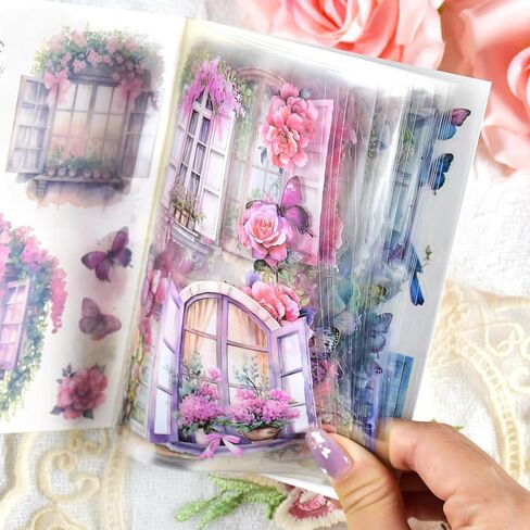 ملصقات زهرة لسكرابوكينغ، ملصقات طبيعية عتيقة 20 صفحة 120 قطعة من لوازم سجل القصاصات الشفافة ملصقات دفتر اليومية لصنع البطاقات وأظرف اليوميات DIY in Kuwait