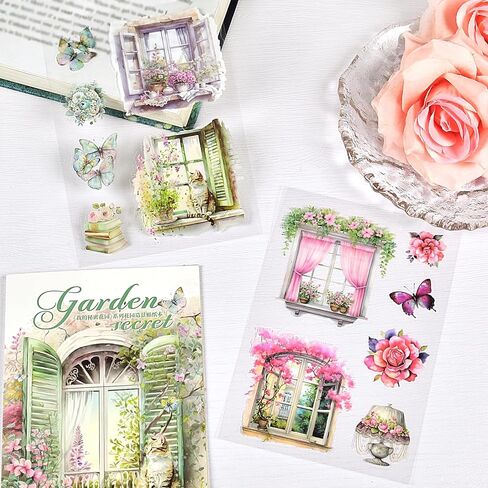 ملصقات زهرة لسكرابوكينغ، ملصقات طبيعية عتيقة 20 صفحة 120 قطعة من لوازم سجل القصاصات الشفافة ملصقات دفتر اليومية لصنع البطاقات وأظرف اليوميات DIY in Kuwait