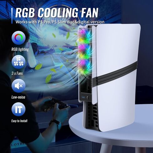 Bestswitches Cooling Fan with RGB LightIing for PS5 PRO and PS5 SLIM DISC&DIGITAL,3 RGB Quiet cooling Fan,Ajustable Airflow Modes, Easy install USB Port in Saudi Arabia