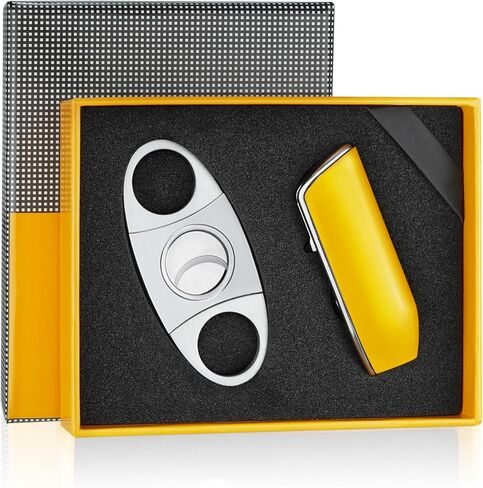 Cigar Torch Lighters with Cutter Set Triple Jet Flame Lighter with Punch Butane Torches Refillable Lighter for Men (Without Gas) (Yellow) in Saudi Arabia