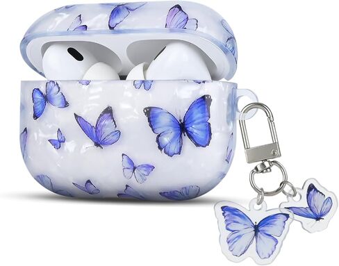 CameCosy Compatible for AirPods Pro 2nd Generation Case with Silver Butterfly Keychain, Black Grey Butterfly Premium Shockproof Drop Protection Cover Case for AirPods Pro 2 (2022) in Saudi Arabia