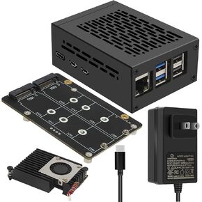 Geekworm X1005 PCIe to Bottom Dual M.2 NVMe SSD PCIe Peripheral Board+Metal Case+Power Supply+Cooler for Raspberry Pi 5 (M.2 2230/2242/2260/2280 SSD Supported)