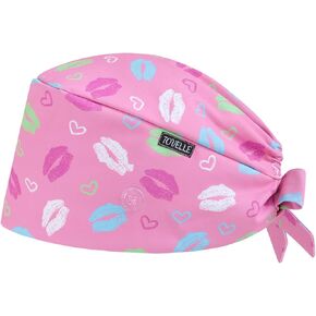 Pink Heart Pattern Scrub Caps for Women with Buttons, Adjustable Static-Resistant Medical Hats, Comfortable and Breathable Surgical Caps with Sweatband for Long Hours