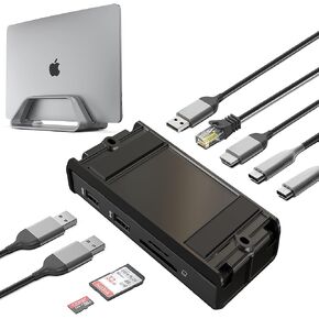 HumanCentric Space Gray Vertical Laptop Stand and UnderDock USB C Laptop Docking Station, Increase Productivity and Declutter Your Desk, Includes Stand, 87W Wall Charger, Dock for Single HDMI Monitor