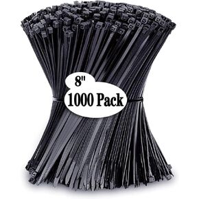Black Zip Ties 8 inch (1000 Pack), 40lbs Tensile Strength, Self-locking, UV Resistant Black Cable Ties Wraps for Wire Management, Indoors, Outdoors Use