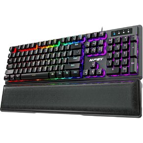 NPET K10V3 Wired Gaming Keyboard and Wrist Rest, RGB 10 Zone Backlit, Spill-Resistant Design, Quiet Silent USB Membrane Keyboard and Wrist Support for Desktop, Computer, PC (Black)