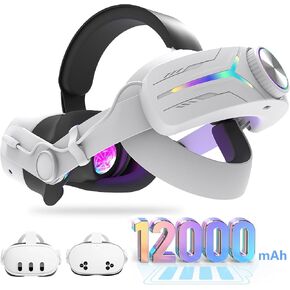 12000mAh Fast-Charging Battery Head Strap for Meta Quest 3/3S – Extends 6-8 Hours Playtime, RGB Lighting & Comfortable Fit – Elite Replacement Strap with Balanced Weight_White