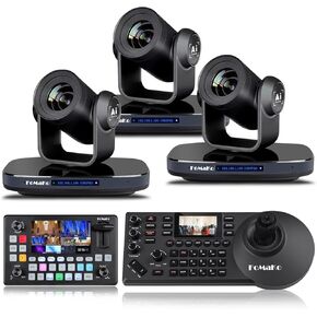 FoMaKo PTZ Camera HDMI 1080P60 AI Auto-Tracking 20X Optical Zoom(3pcs), PTZ Controller, Video Mixer Switcher for Church Worship Education Conference Events, PTZ Bundle K20x3+ KC608+KC601