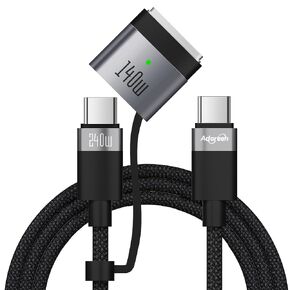 Adoreen 140W USB-C to Magnetic 3 Safe Fast-Charging Cable 6 Ft with 240W to USB-C Adapter, PD 3.1, LED Indicator, Braided Apple Magsafe Charger Accessories for Ipads, MacBook Pro & MacBook Air, Black