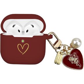 Compatible with AirPods 4 Case Cover 2024, Soft Silicone Case with Gold Heart Pattern for AirPods 4th Generation Case with Cute Pendant Keychain for Girls Women (Burgundy) in Kuwait