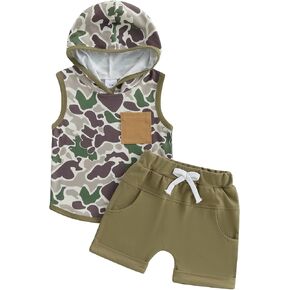 Ledy Champswiin Summer Toddler Boy Clothes Set, Cotton Baby Boy Outfits Hooded Tank Tops and Shorts