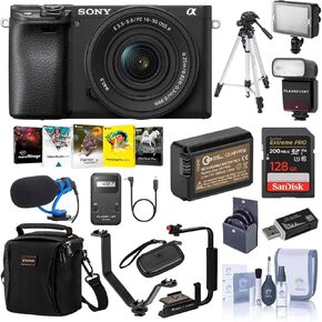 Sony Alpha a6400 24.2MP Mirrorless Digital Camera with 16-50mm f/3.5-5.6 OSS Lens - Bundle with 64GBSDXC U3 Card, Camera Case, Tripod, Trigger, Video Light, Shotgun Mic, Software Package and More