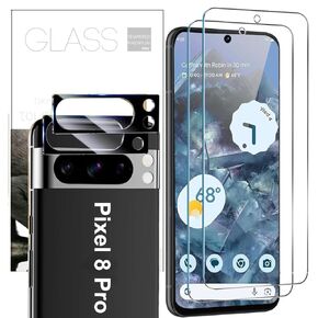 [2+2 Pack] for Pixel 8 Pro Screen Protector, 2 Pack for Pixel 8 Pro Tempered Glass, 2 Camera Lens Protector, Fingerprint Sensitivity (6.7 Inch)