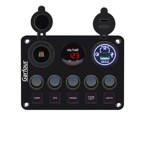 5 Gang Switch Panel 12 Volt ON-Off Switch Panel Blue LED with Inline Fuse QC 3.0 USB and Type-C Charger Socket Digital Voltmeter 12V Cigarette Lighter Socket for Marine Boat Car
