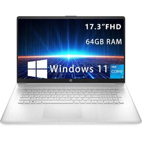HP 17.3" Laptop, Intel i5-1135G7 Processor, 64GB RAM, 1TB SSD, IPS Full HD Display, HDMI, USB-Type C, Intel Iris Xe Graphics, Windows 11 Home, Silver
