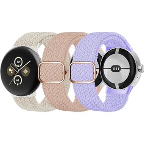 3 PACK Braided Solo Loop Band Compatible with Google Pixel Watch 2 1 Bands for Women Men, Stretchy Nylon Adjustable Wristband Replacement Strap with Upgraded Connector for Pixel Watch Band