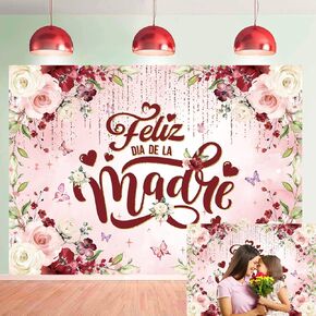 Feliz Día De La Madre Backdrop Mexican Happy Mother's Day Photography Background Burgundy Floral Glitter Dot Thanks Mom Banner for Spanish Mothers Day Party Decorations Supplies (82x59 inch (7x5FT))