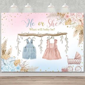 Sensfun Boho Gender Reveal Backdrop Baby Shower He or She Banner Blue and Pink Cute Clothes Baby Gender Reveal Background Party Decorations Supplies Cake Table Banner 82.7x59.1 inch