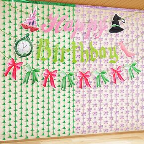 5 Pack Witch and Princess Party Decorations Witch Hat and Bows Booth Photo Backdrop Tinsel Foil Fringe Curtains Streamer with 3 Banners for Pink and Green Birthday Supplies(Happy Birthday)