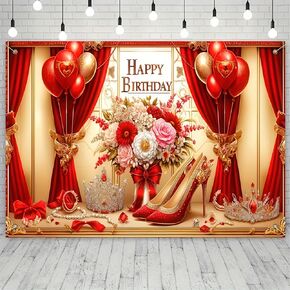 Birthday Queen Red Rose and Ruby Queen Crown Birthday Banner with High Heels 71x43Inch Polyester Backdrop for Girls' Parties Indoor and Outdoor Decor Birthday Decorations for Women
