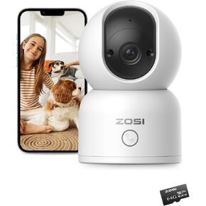 ZOSI Indoor Pan/Tilt Smart Security Camera,C518 2K 360 Degree Baby Pet Monitor with 64GB SD Card,Plug-in 2.4G/5G Dual-Band WiFi Home Cam with Phone App,Night Vision,Person Detection.