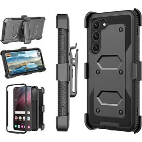 Njjex Rugged Case for Samsung Galaxy S23, for Galaxy S23 Case w/Belt Clip Holster, [Nbeck] Heavy Duty Built-in Screen Protector Locking Swivel Holster Belt Clip Kickstand Hard Shell Cover [Black]