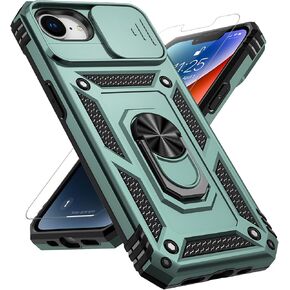 for iPhone 16E Case, with Slide Camera Cover HD Screen Protector [Military Grade 16ft. Drop Tested] Magnetic Ring Holder Kickstand Protective Phone Case for Apple iPhone 16E / SE 2025 / SE4, Black