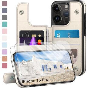Designed for iPhone 15 Pro Case Wallet,Card Holder Case with [2 Screen Protectors][Magnetic Clasp Cover][RFID Blocking Leather] Shockproof Women Men Cases 6.1" for Apple 15 Pro Creamy-White