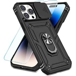 SunStory Compatible with iPhone 14 Pro Case with HD Screen Protector & Slide Camera Cover & Rotated Ring Kickstand, [Military-Grade] Phone Case for iPhone 14 Pro (Red)