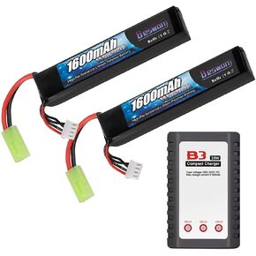 2 Packs Airsoft Battery 11.1V Rechargeable 1600mAh 30C Lipo Battery with Mini Tamiya Connector，2S-3S Balance Charger for Airsoft Guns Rifle