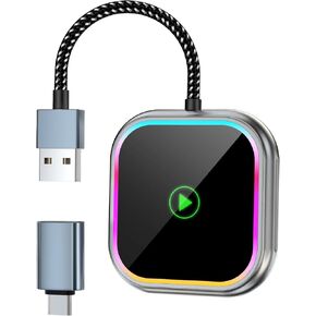 محول CarPlay اللاسلكي لـ iPhone مع الإضاءة التفاعلية الصوتية ، 2025 Carplay Dongle USB ومنفذ النوع C ، المكونات والتشغيل ، الاتصال التلقائي ، تحويل سلكية إلى لاسلكية ، رمادية