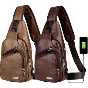 Peicees Pack of 2 Medium Leather Sling Bag Mens Crossbody Bag Chest Bag Sling Backpack for Men with USB Charge Port, Light Brown&Coffee