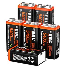 EBL 9V Battery 6 Pack, 5400mWh 9v Rechargeable Batteries Lithium-ion Long Lasting Power USB Quick Charge Batteries for Smoke Detector