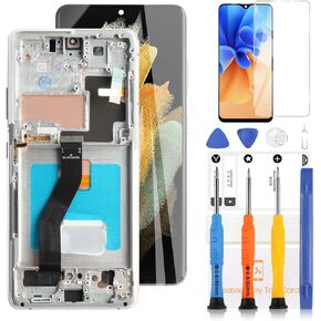 OLED for Samsung Galaxy S21 Ultra 5G Screen Replacement for Samsung S21 Ultra 5G G998 LCD Display Assembly for G998 SM-G998B SM-G998U Display Touch Screen Digitizer Repair Parts(Sliver with Frame)