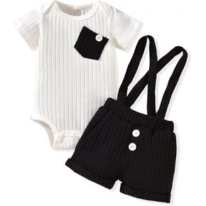 Unutiylo Baby Boy Outfits 0-12 Months Short Sleeve Romper Suspenders Pants Spring Summer clothes