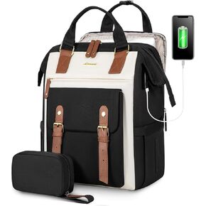 LOVEVOOK Laptop Backpack For Women Work Travel Backpack Purse, Nurse Bag College Backpack, Teacher Business Laptop Bag, Waterproof Wide Open Computer Back pack, 15.6 Inch, Black-Beige-Brown