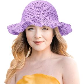 Gllutt Women Straw Sun Hat قابلة للطي قبعة شاطئية مرنة واسعة الحافة (حافة الأرجواني)