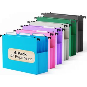 Plastic Extra Capacity Hanging File Folders,6 Pack Heavy Duty 4" Expanding Pocket with Movable Dividers,Large Hanging Folders,Letter Size Filing Cabinet,Adjustable Tabs,for Bulky Files,Colorful